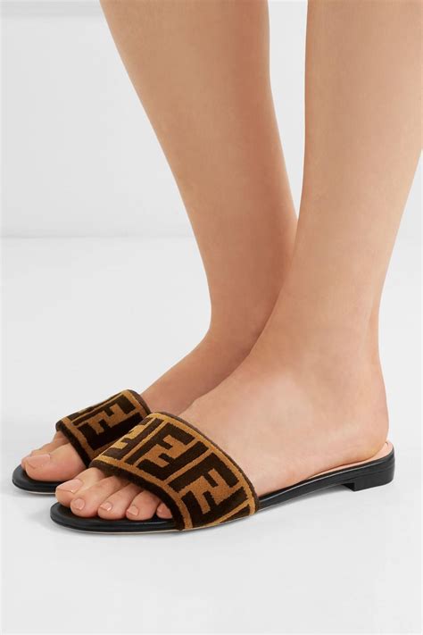 fake fendi brown logo velvet slides|FENDI Signature embroidered.